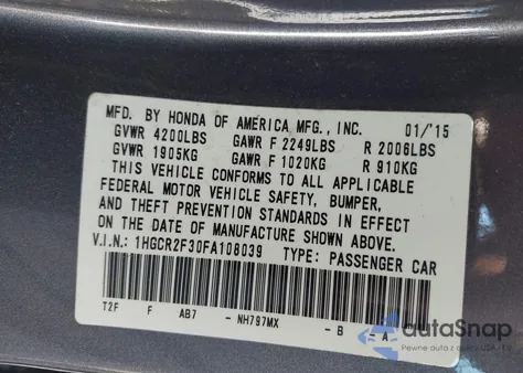 2015 Honda Accord Lx from USA, damaged, VIN 1HGCR2F30FA108039